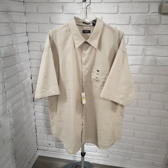 NWT Van Heusen Men's Size XXL Wrinkle Free Beige Plaid Button Front Shirt - Picture 1 of 10